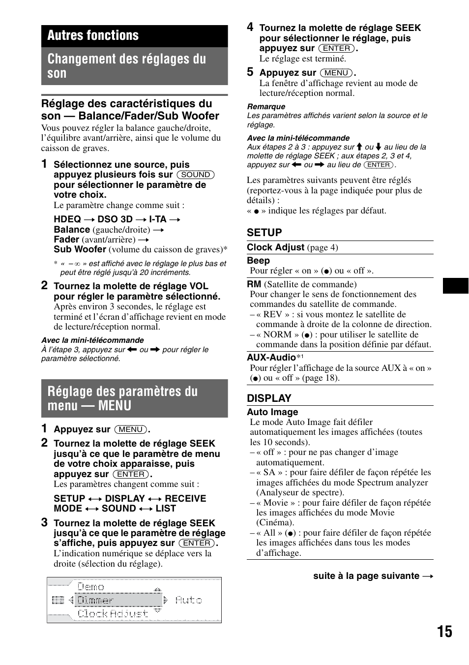 Autres fonctions, Changement des réglages du son, Réglage des paramètres du menu - menu | Réglage des paramètres du menu — menu, Autres fonctions changement des réglages du son | Sony CDX-GT805DX User Manual | Page 37 / 72