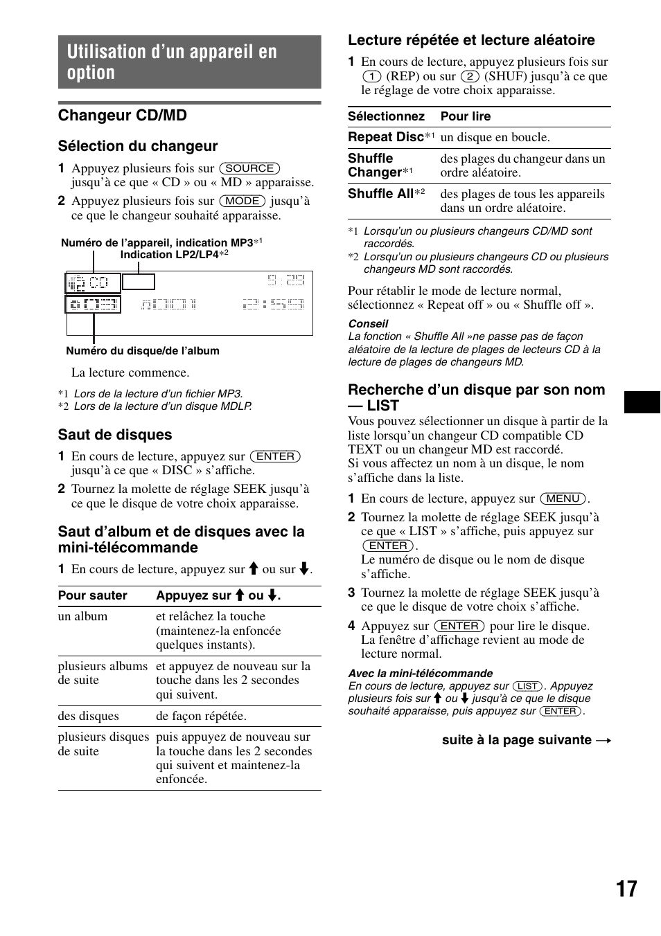 Utilisation d’un appareil en option, Changeur cd/md | Sony CDX-GT805DX User Manual | Page 39 / 72
