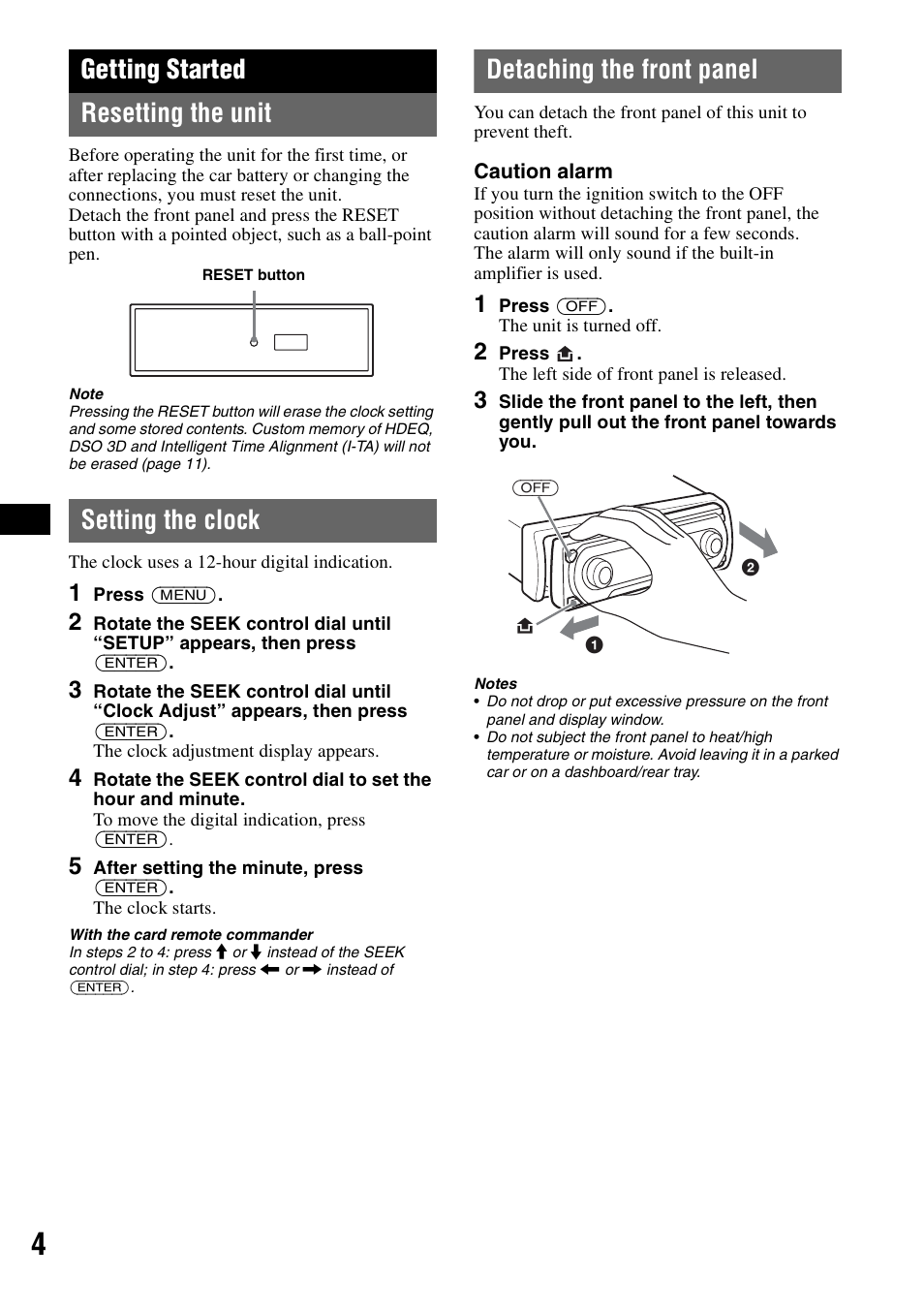 Getting started, Resetting the unit, Setting the clock | Detaching the front panel, Getting started resetting the unit | Sony CDX-GT805DX User Manual | Page 4 / 72