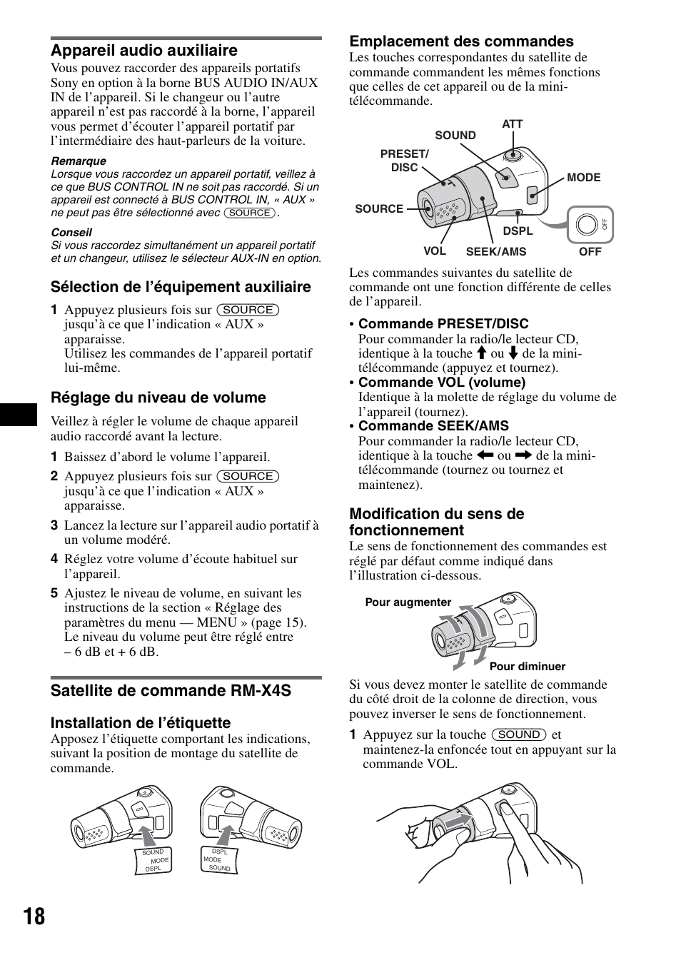 Appareil audio auxiliaire, Satellite de commande rm-x4s, Sélection de l’équipement auxiliaire | Réglage du niveau de volume, Installation de l’étiquette, Emplacement des commandes, Modification du sens de fonctionnement | Sony CDX-GT805DX User Manual | Page 40 / 72