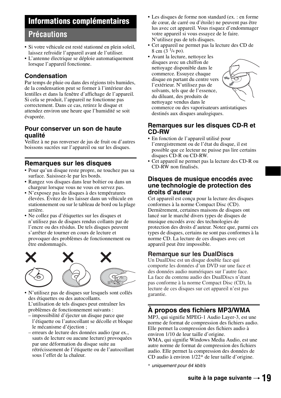 Informations complémentaires, Précautions, Remarques sur les disques | À propos des fichiers mp3/wma, Informations complémentaires précautions | Sony CDX-GT805DX User Manual | Page 41 / 72