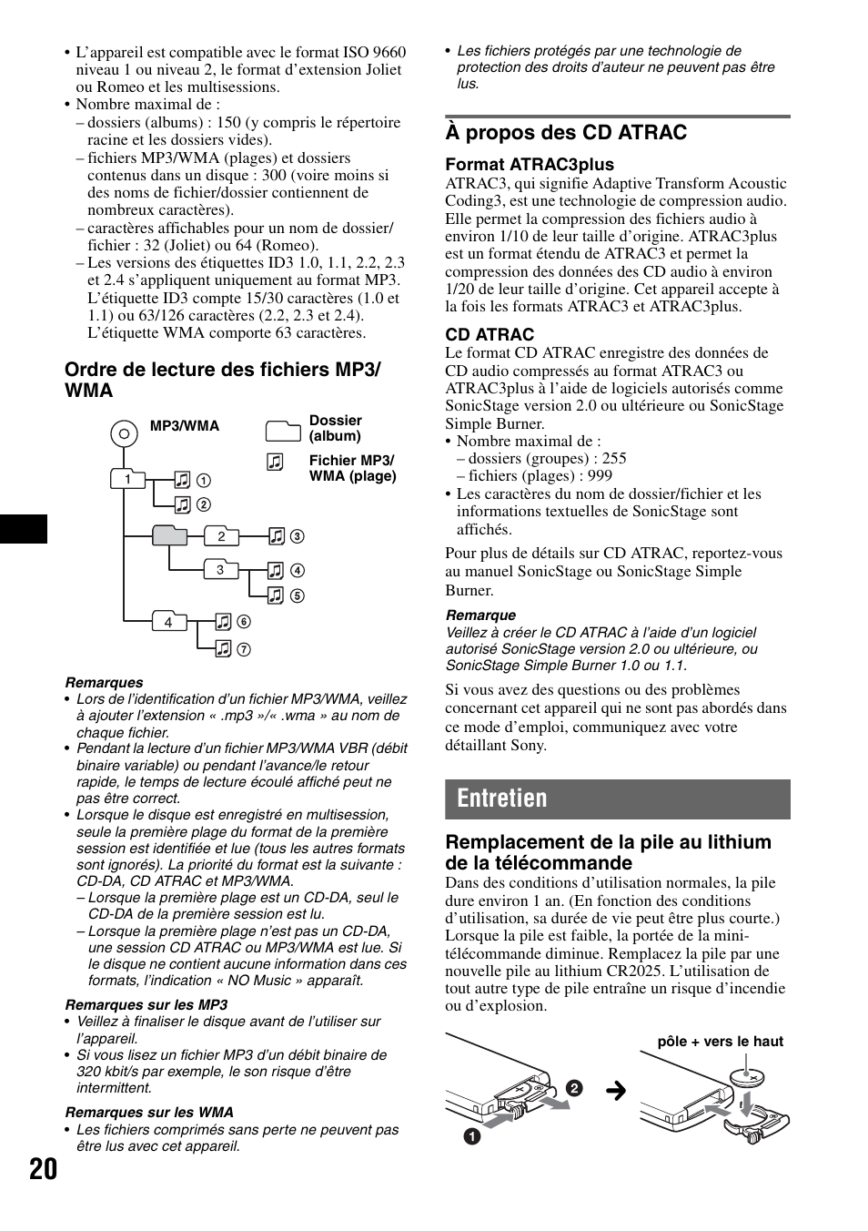 À propos des cd atrac, Entretien, Ordre de lecture des fichiers mp3/ wma | Sony CDX-GT805DX User Manual | Page 42 / 72