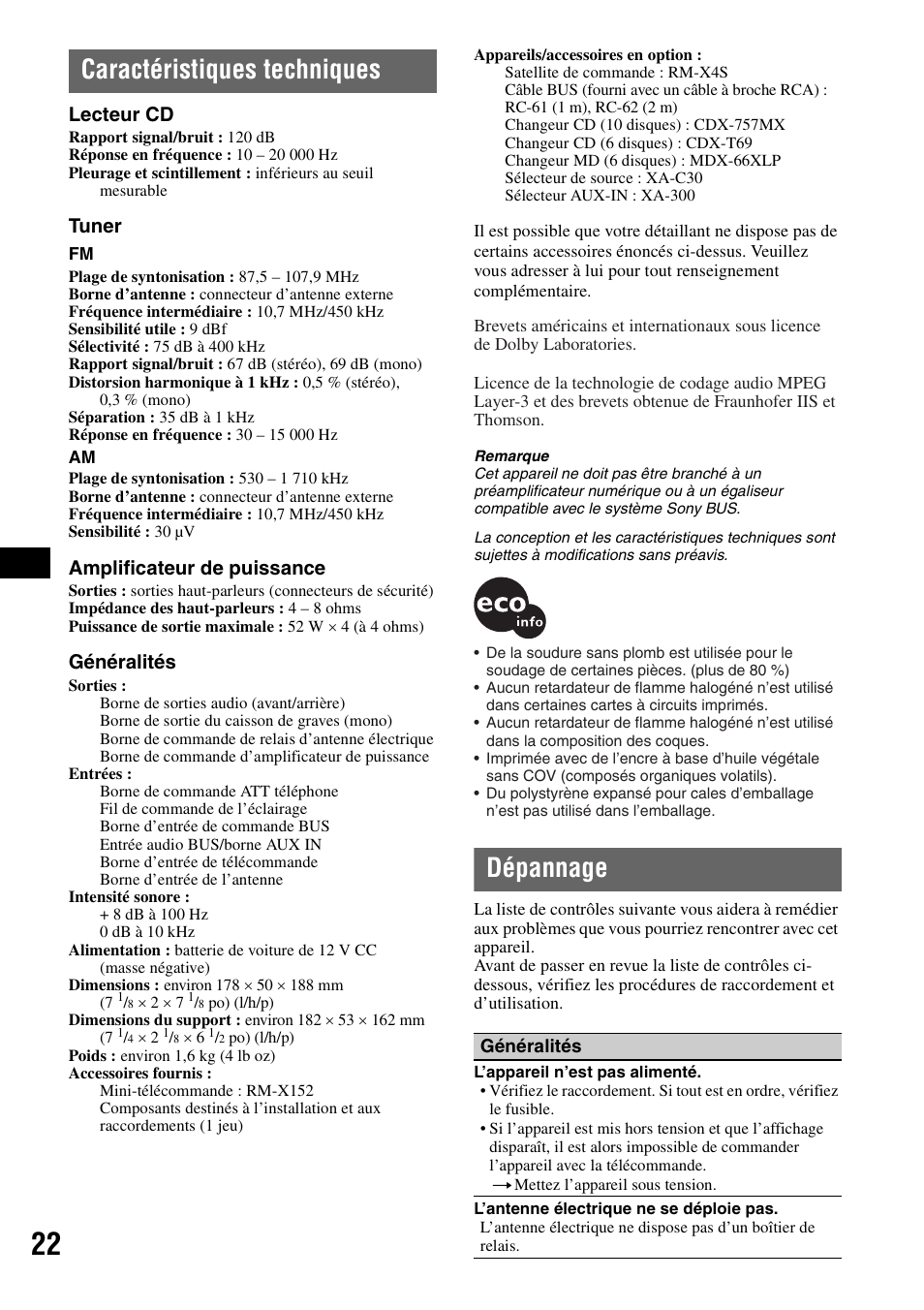 Caractéristiques techniques, Dépannage, Caractéristiques techniques dépannage | Lecteur cd, Tuner, Amplificateur de puissance, Généralités | Sony CDX-GT805DX User Manual | Page 44 / 72