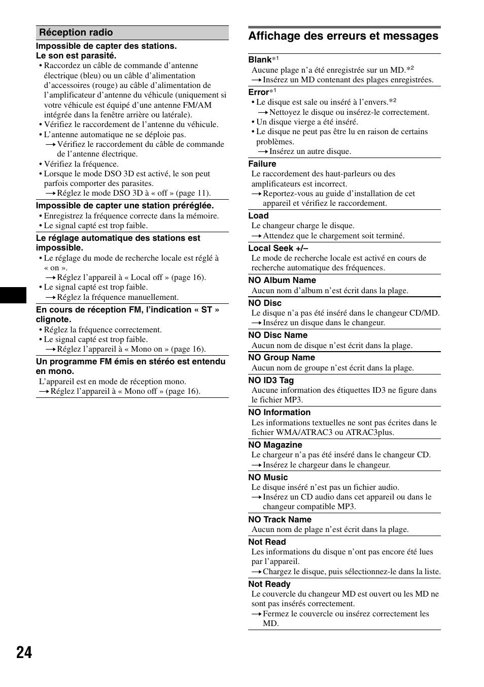 Affichage des erreurs et messages | Sony CDX-GT805DX User Manual | Page 46 / 72