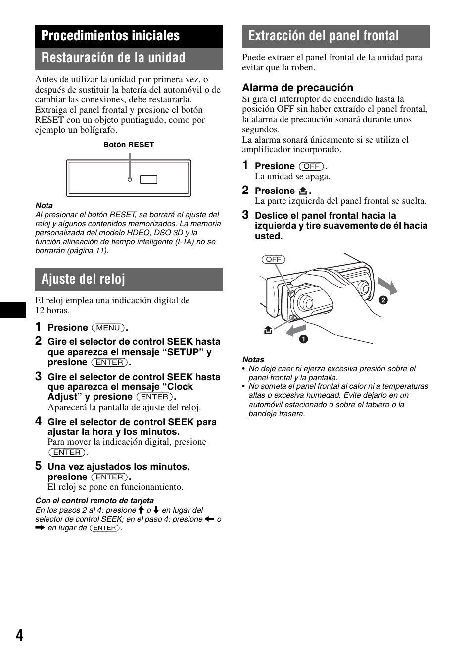 Procedimientos iniciales, Restauración de la unidad, Ajuste del reloj | Extracción del panel frontal, Procedimientos iniciales restauración de la unidad | Sony CDX-GT805DX User Manual | Page 50 / 72