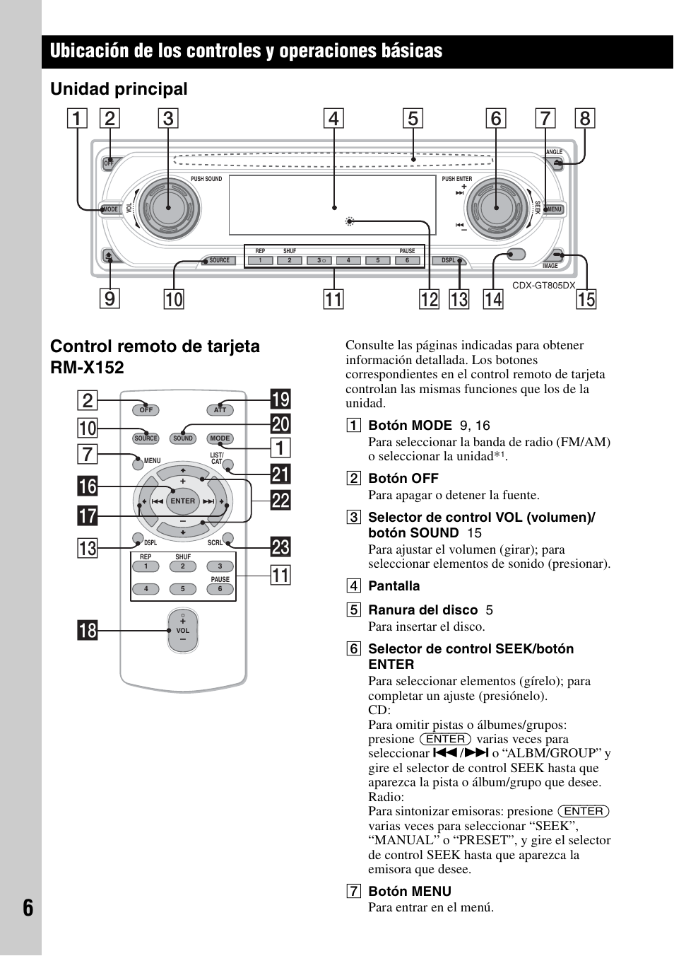 Ubicación de los controles y operaciones básicas, Unidad principal, Control remoto de tarjeta rm-x152 | Unidad principal control remoto de tarjeta rm-x152, Q; wa 7 w; 2 1 qj qh qd ql qk qa ws wd | Sony CDX-GT805DX User Manual | Page 52 / 72