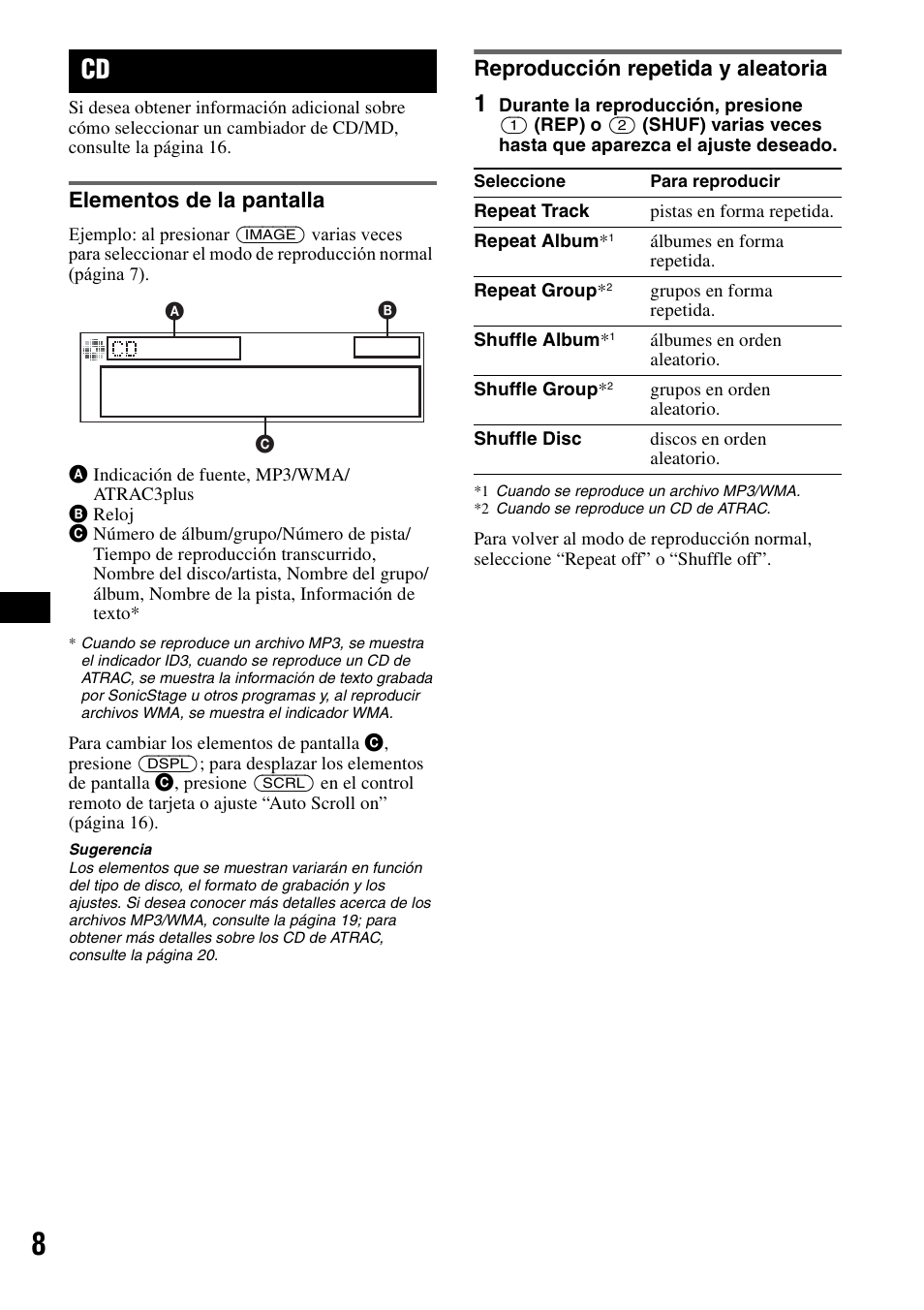 Elementos de la pantalla, Reproducción repetida y aleatoria, Ep 8 | Sony CDX-GT805DX User Manual | Page 54 / 72