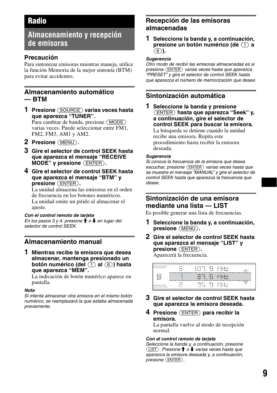 Radio, Almacenamiento y recepción de emisoras, Almacenamiento automático - btm | Almacenamiento manual, Recepción de las emisoras almacenadas, Sintonización automática, Radio almacenamiento y recepción de emisoras | Sony CDX-GT805DX User Manual | Page 55 / 72