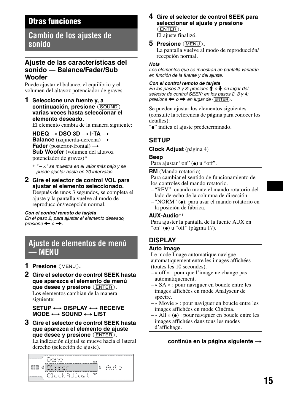 Otras funciones, Cambio de los ajustes de sonido, Ajuste de elementos de menú - menu | Ajuste de elementos de menú — menu, Otras funciones cambio de los ajustes de sonido | Sony CDX-GT805DX User Manual | Page 61 / 72