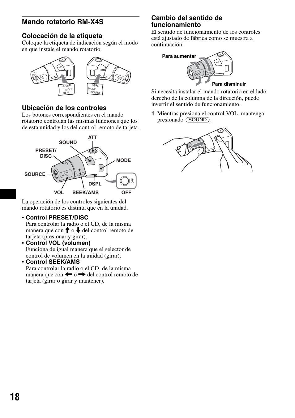 Mando rotatorio rm-x4s, Colocación de la etiqueta, Ubicación de los controles | Cambio del sentido de funcionamiento | Sony CDX-GT805DX User Manual | Page 64 / 72