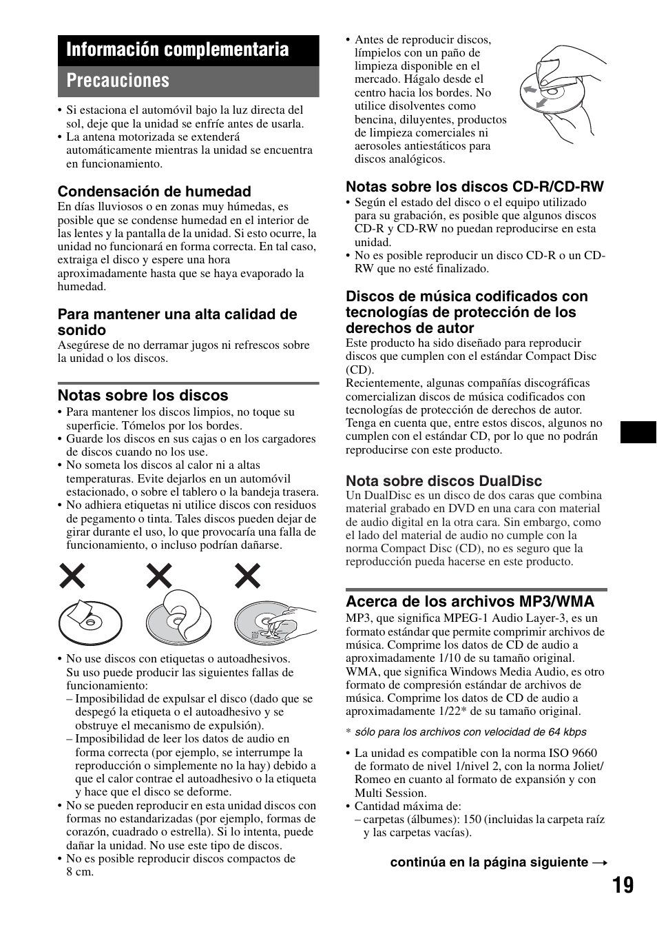 Información complementaria, Precauciones, Notas sobre los discos | Acerca de los archivos mp3/wma, Información complementaria precauciones | Sony CDX-GT805DX User Manual | Page 65 / 72