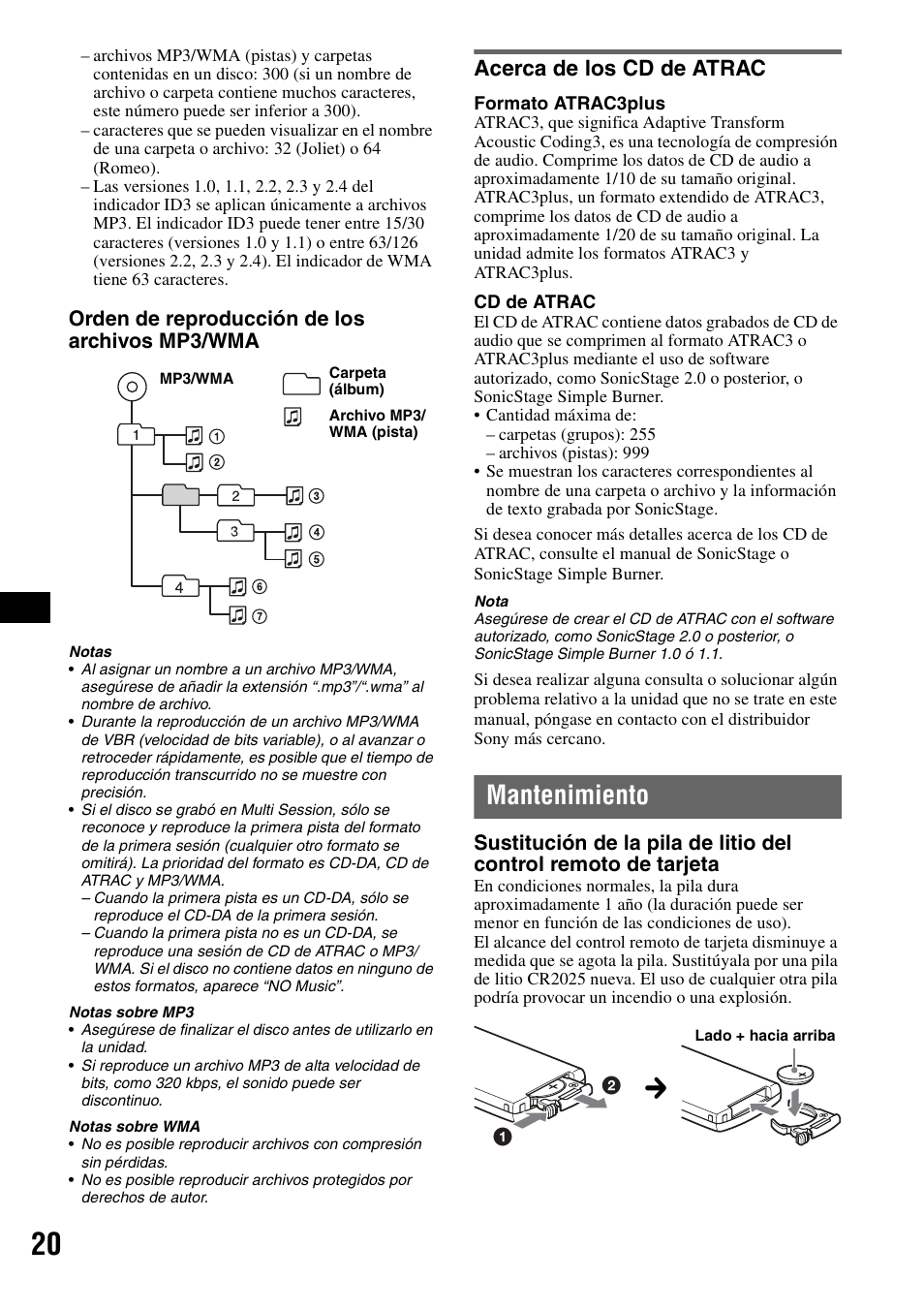 Acerca de los cd de atrac, Mantenimiento, Orden de reproducción de los archivos mp3/wma | Sony CDX-GT805DX User Manual | Page 66 / 72