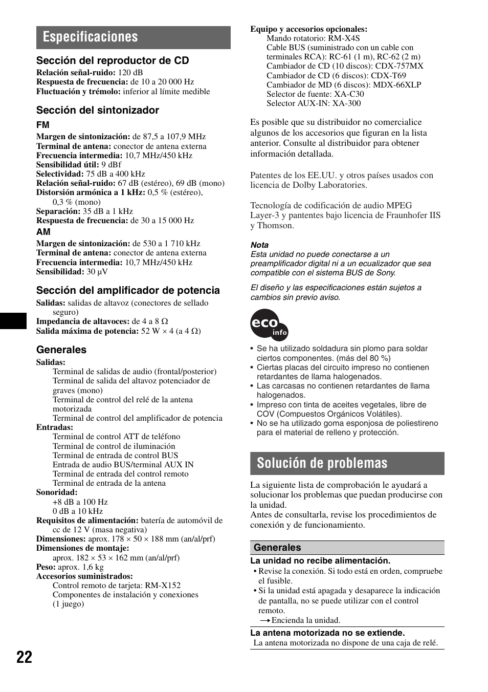 Especificaciones, Solución de problemas, Especificaciones solución de problemas | Sony CDX-GT805DX User Manual | Page 68 / 72