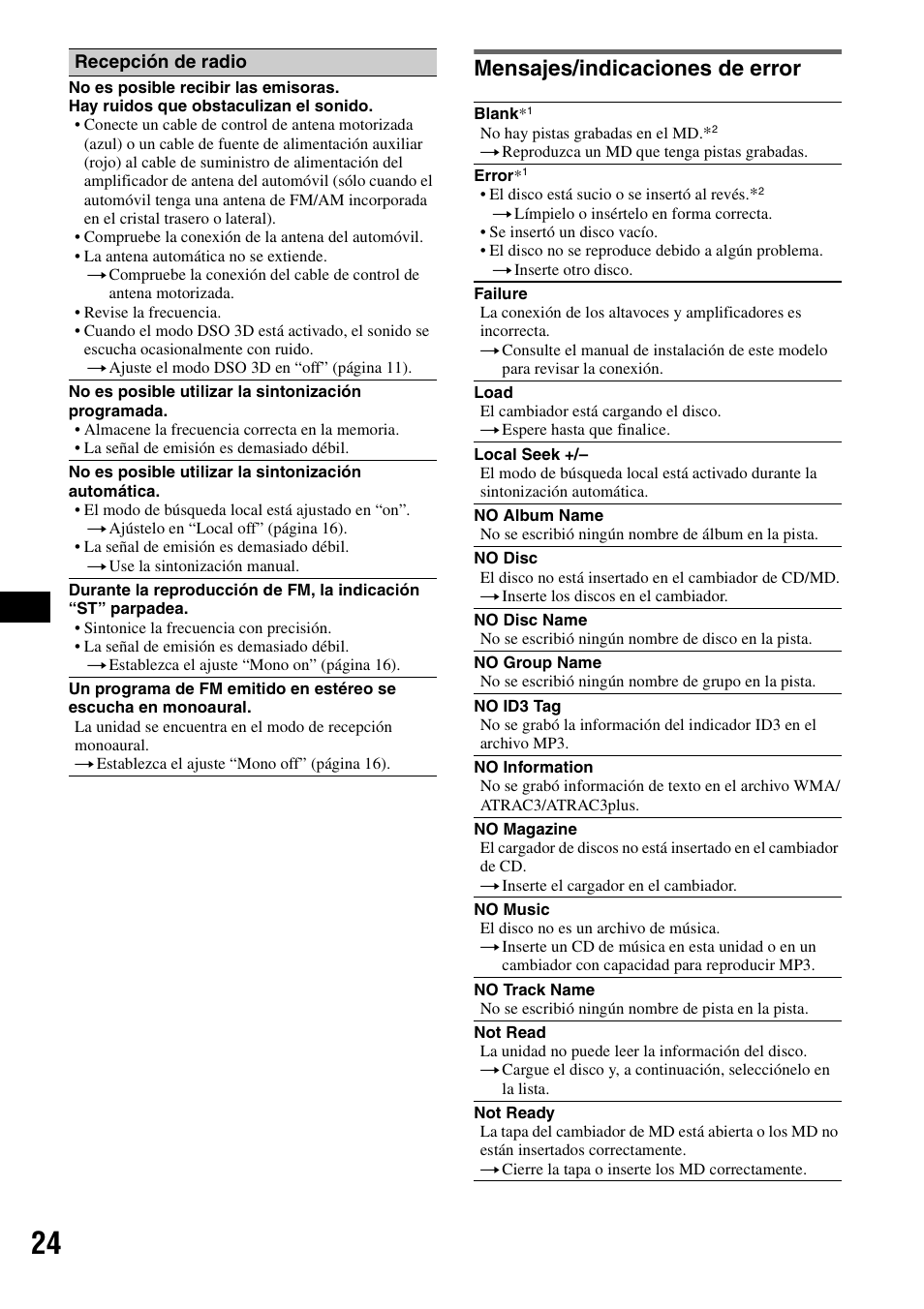 Mensajes/indicaciones de error | Sony CDX-GT805DX User Manual | Page 70 / 72