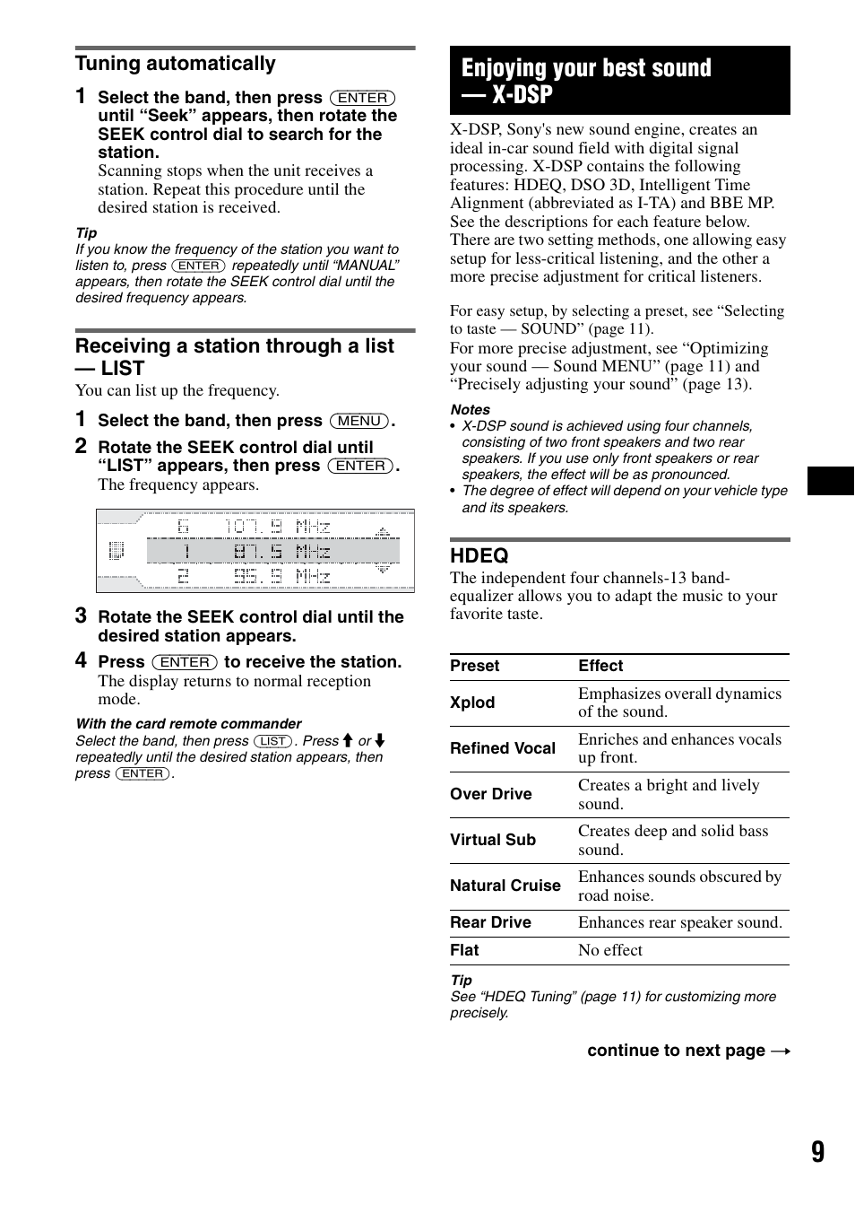 Tuning automatically, Receiving a station through a list - list, Enjoying your best sound - x-dsp | Hdeq, Enjoying your best sound — x-dsp | Sony CDX-GT805DX User Manual | Page 9 / 72