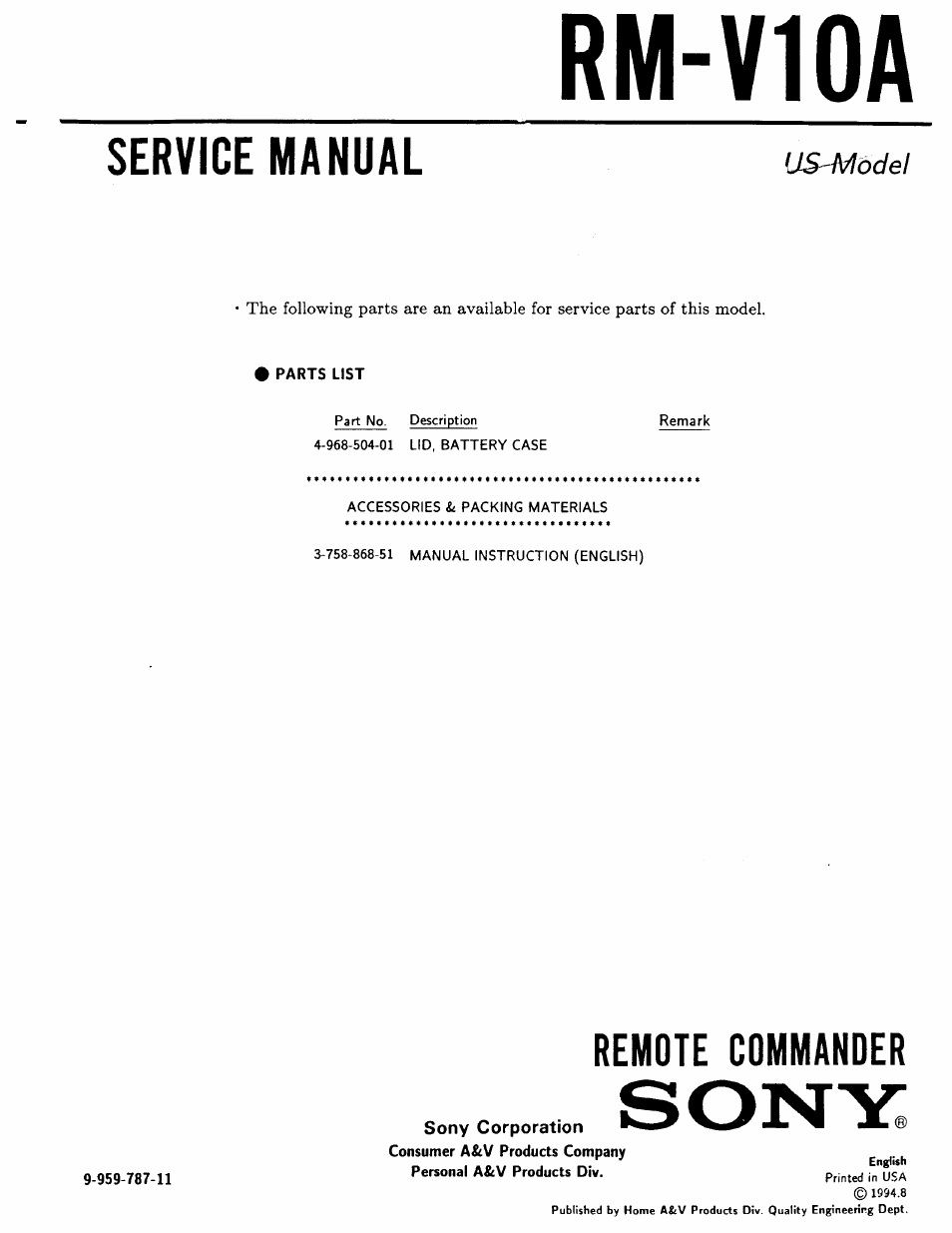 Sony RM-V10A User Manual | 16 pages