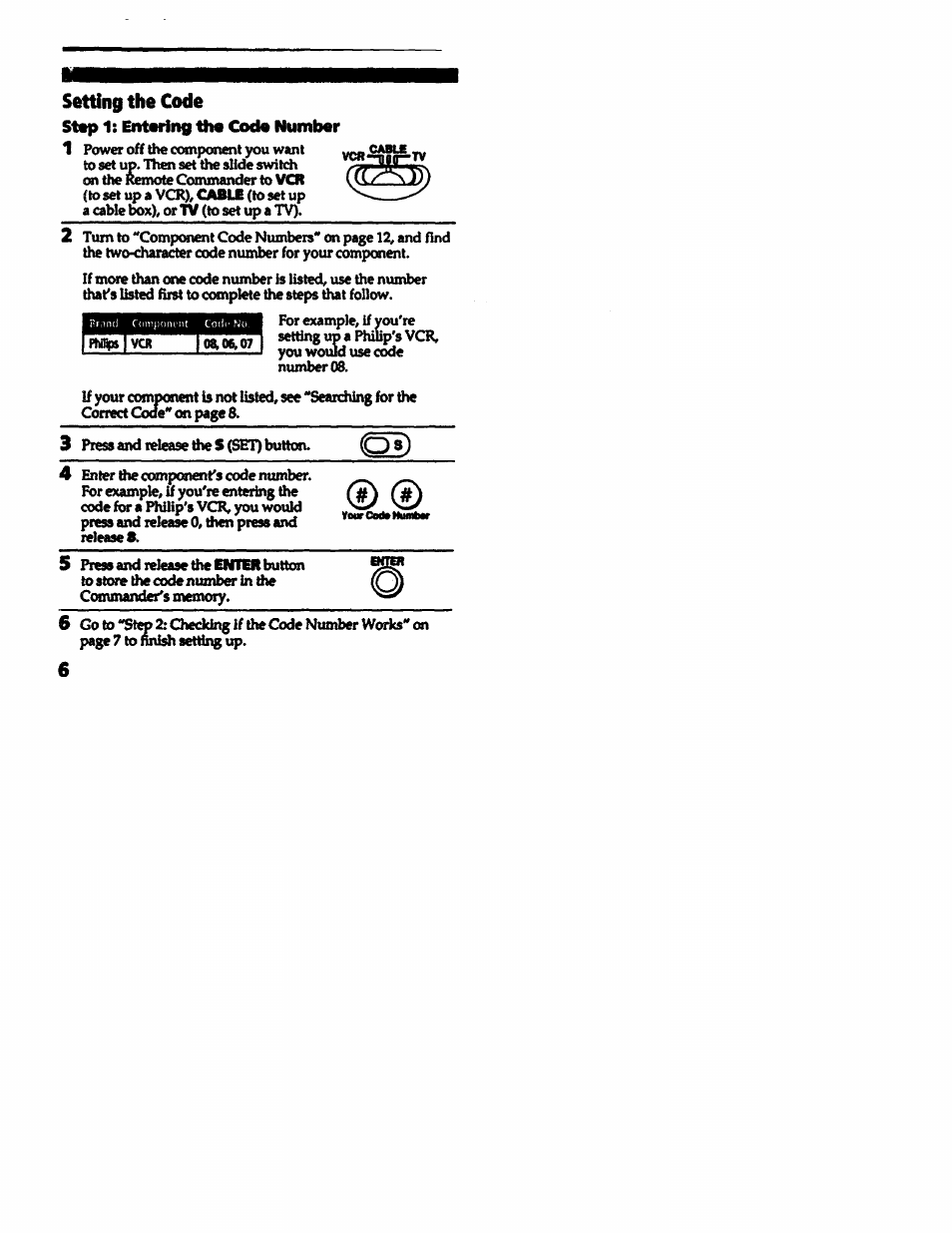 Setting the code, Step 1: entering th« code number | Sony RM-V10A User Manual | Page 6 / 16