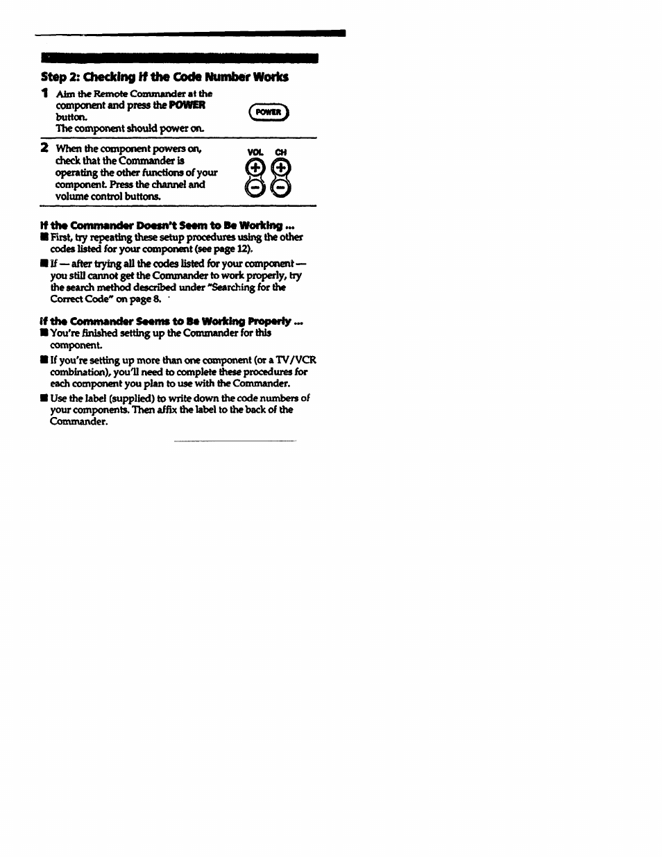 Step 2: checking if the code number works, If die commander doetn*t seem to be working, If tha commandar soam* to ba working proparly | Sony RM-V10A User Manual | Page 7 / 16
