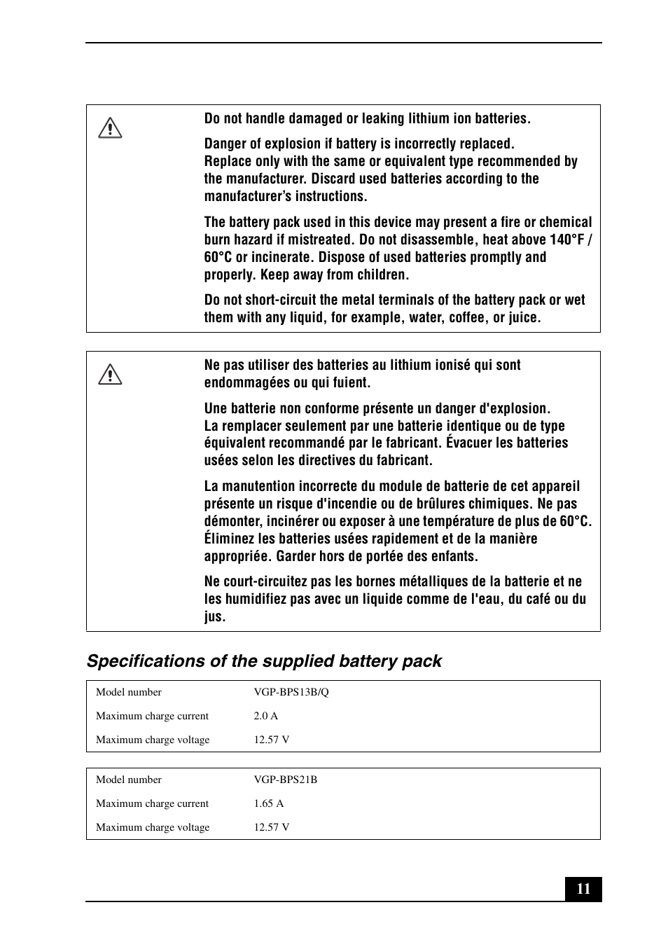 Specifications of the supplied battery pack | Sony VPCM121AX User Manual | Page 11 / 24