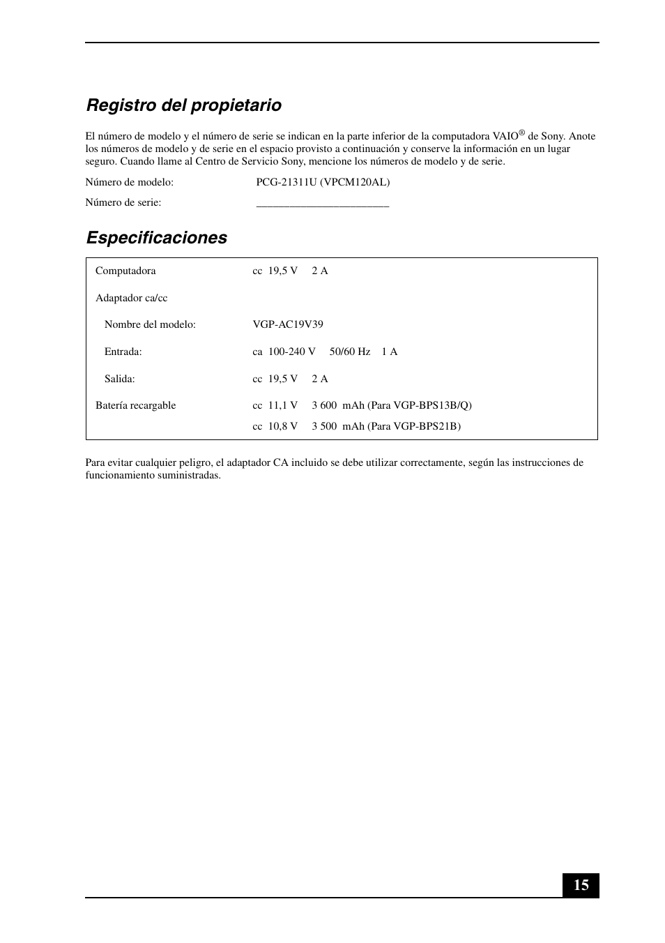 Registro del propietario, Especificaciones | Sony VPCM121AX User Manual | Page 15 / 24