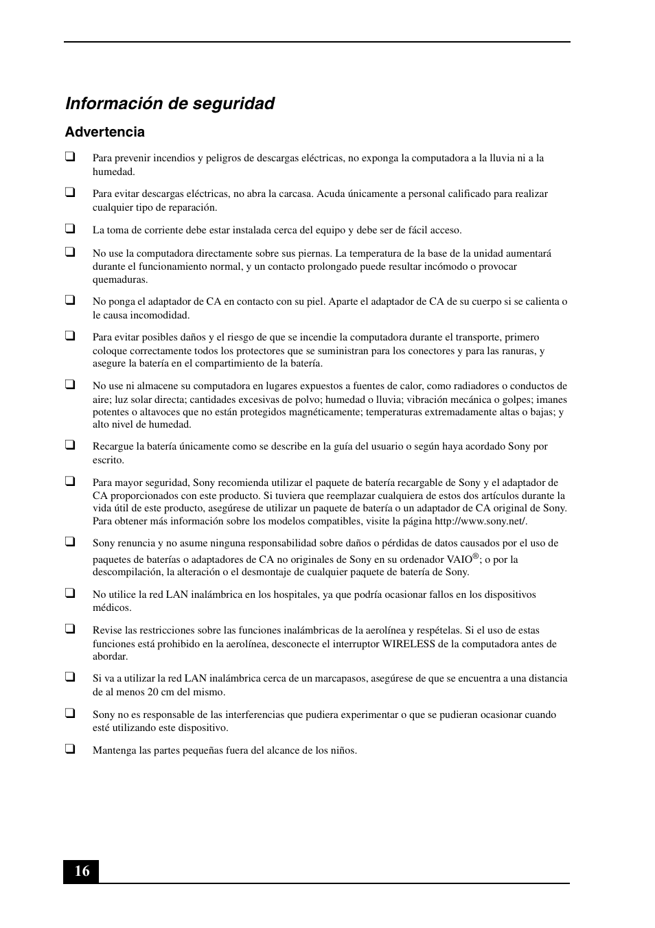 Información de seguridad | Sony VPCM121AX User Manual | Page 16 / 24