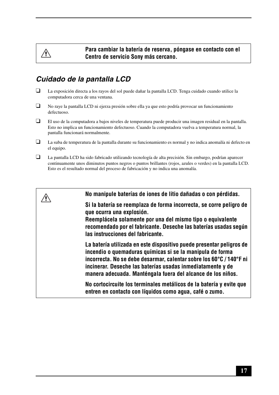 Cuidado de la pantalla lcd | Sony VPCM121AX User Manual | Page 17 / 24