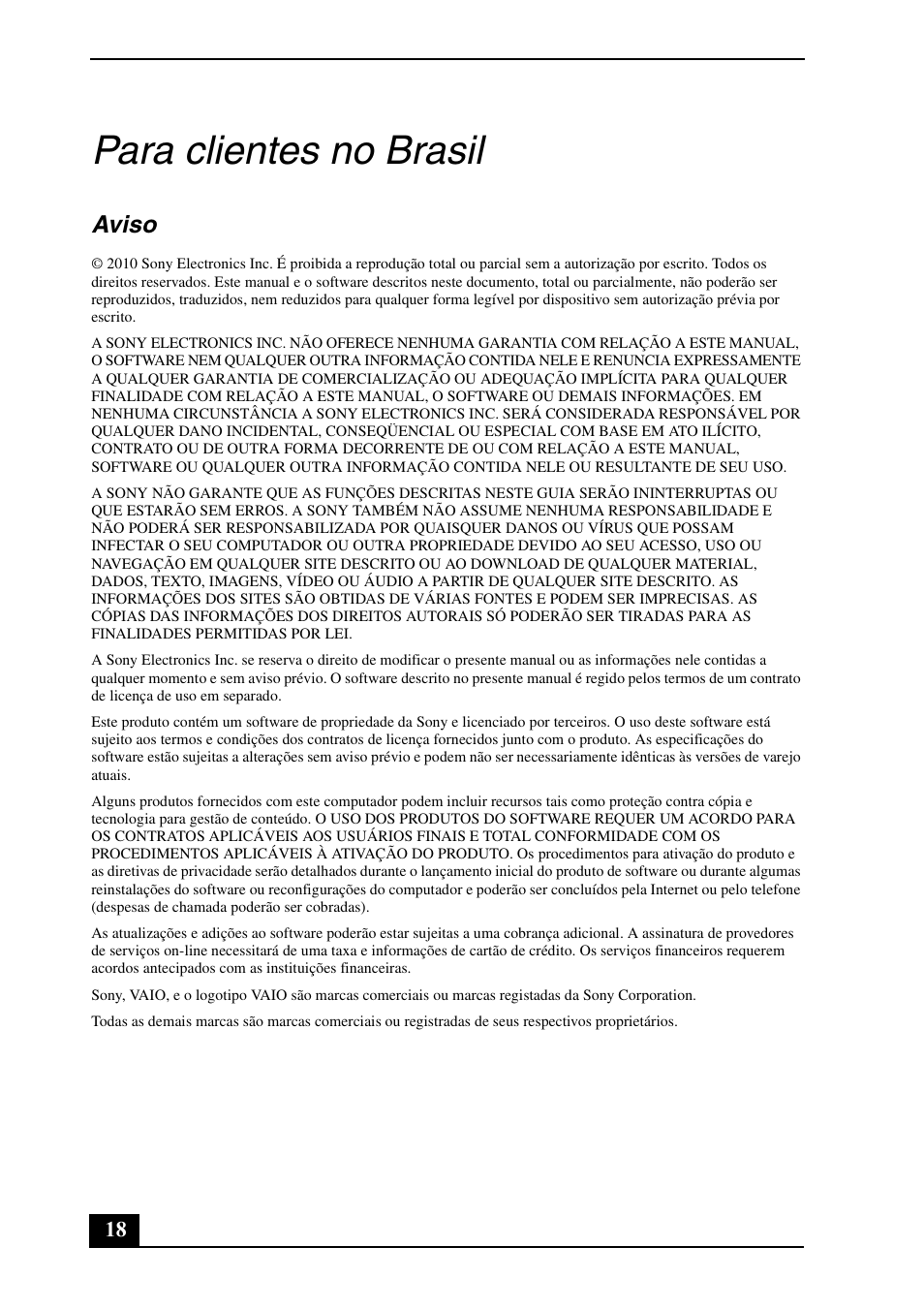 Para clientes no brasil, Aviso | Sony VPCM121AX User Manual | Page 18 / 24