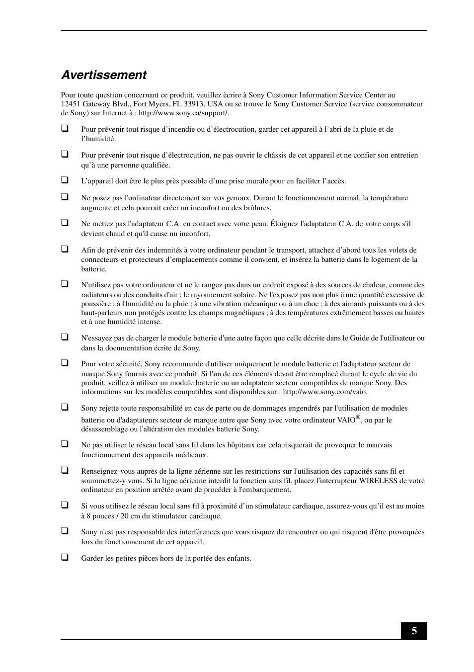 Avertissement | Sony VPCM121AX User Manual | Page 5 / 24