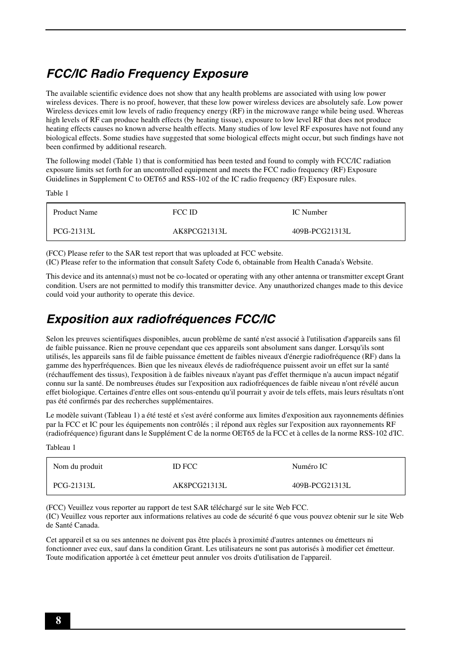 Fcc/ic radio frequency exposure, Exposition aux radiofréquences fcc/ic | Sony VPCM121AX User Manual | Page 8 / 24