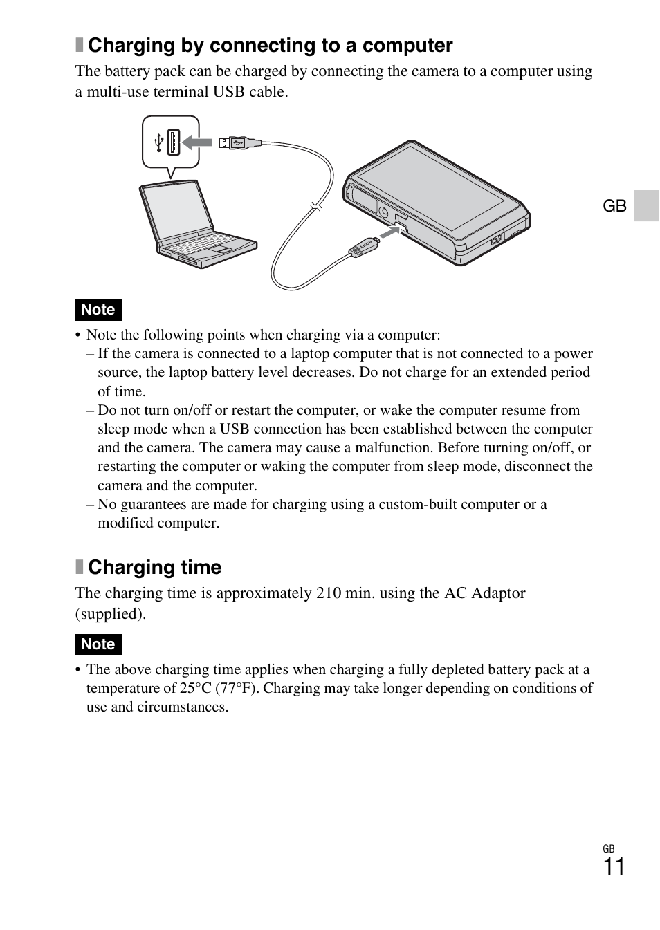 Xcharging by connecting to a computer, Xcharging time | Sony DSC-TX100V User Manual | Page 11 / 56