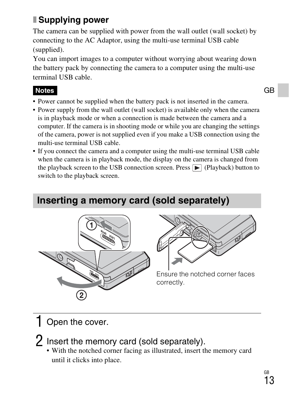 Inserting a memory card (sold separately) | Sony DSC-TX100V User Manual | Page 13 / 56