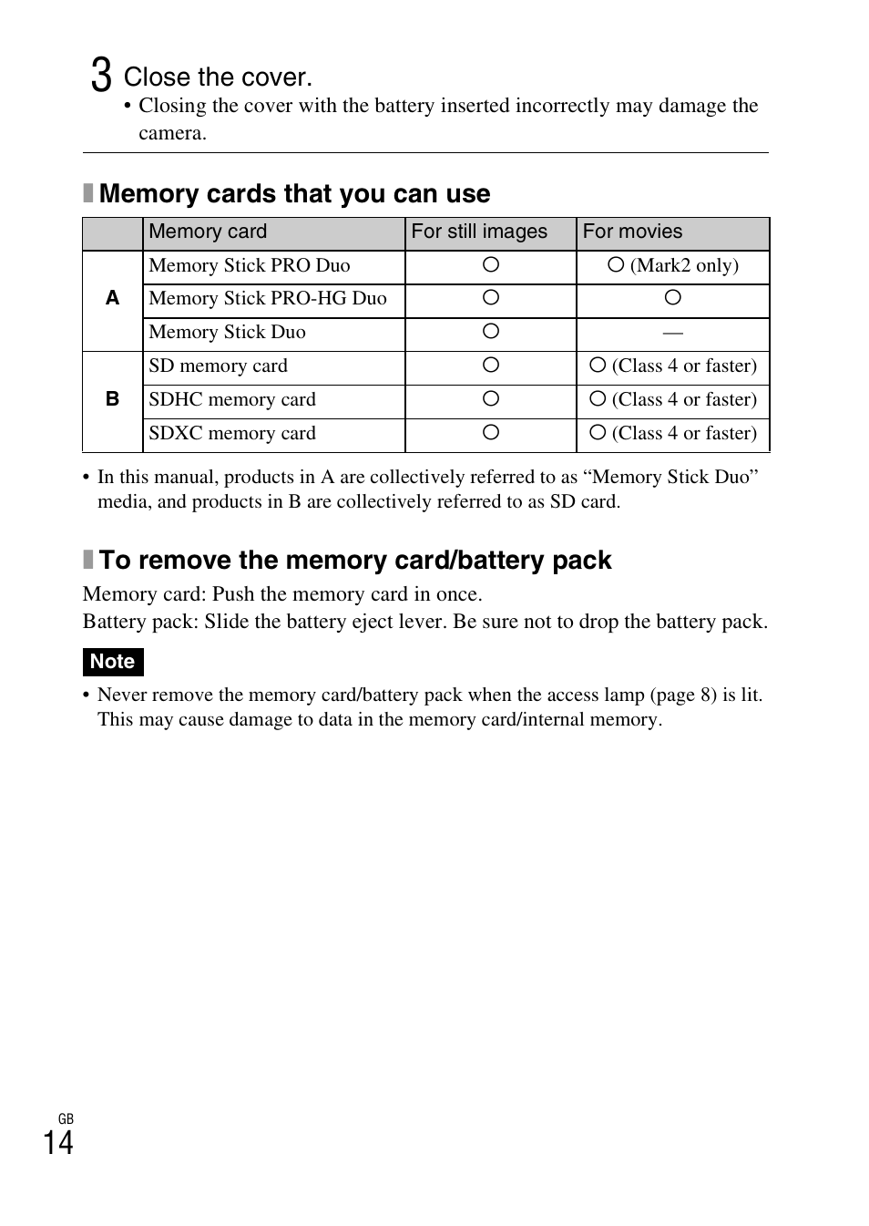 Close the cover | Sony DSC-TX100V User Manual | Page 14 / 56