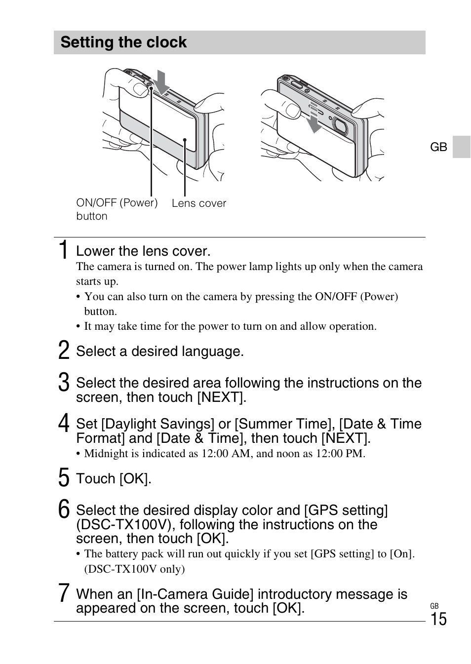 Setting the clock | Sony DSC-TX100V User Manual | Page 15 / 56