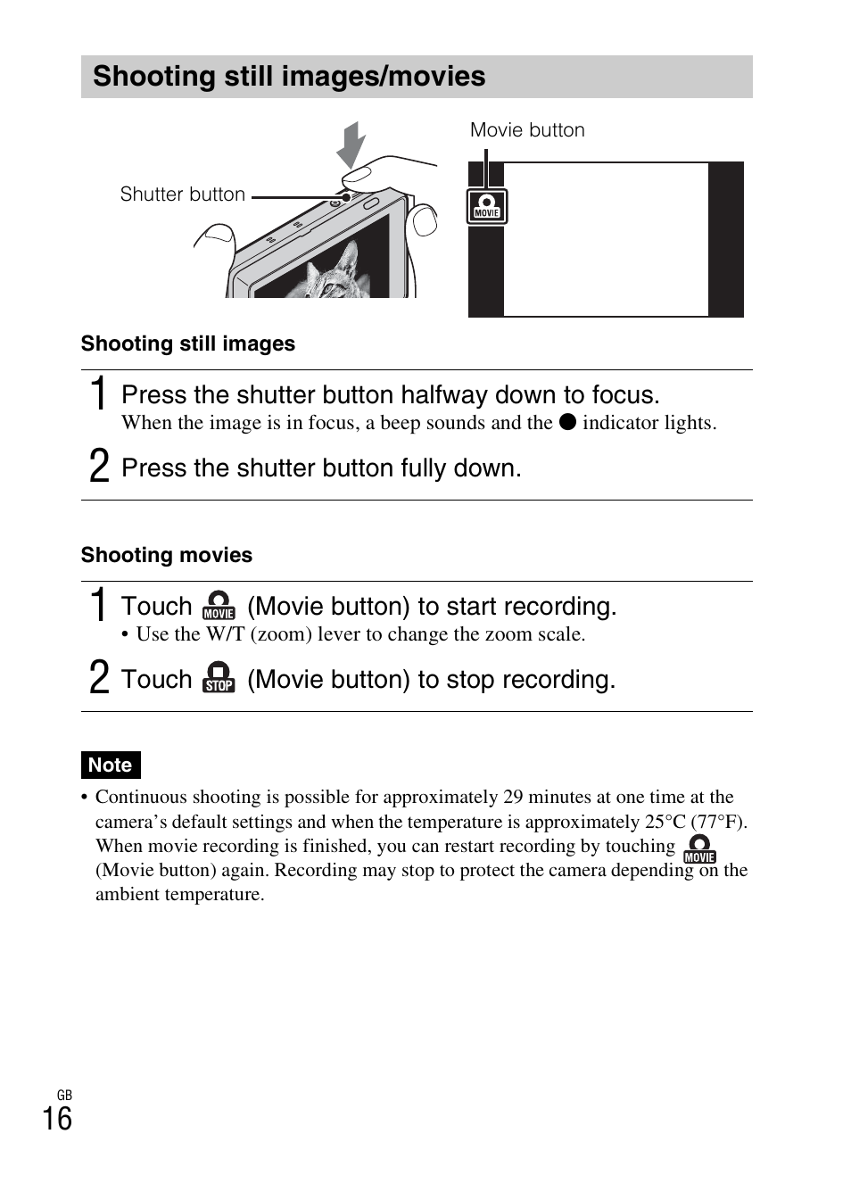 Shooting still images/movies | Sony DSC-TX100V User Manual | Page 16 / 56