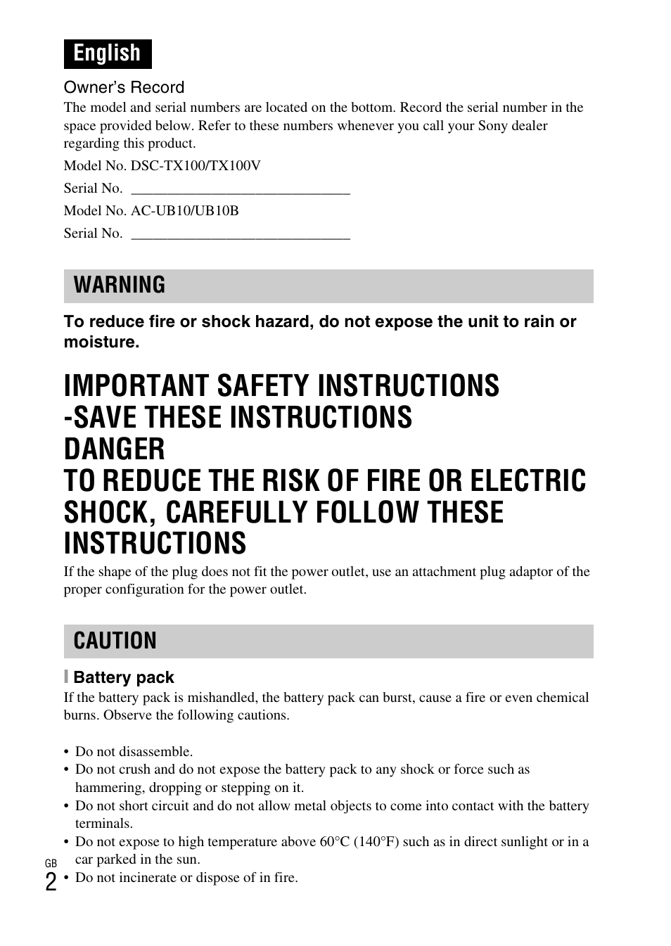 English, English warning caution | Sony DSC-TX100V User Manual | Page 2 / 56