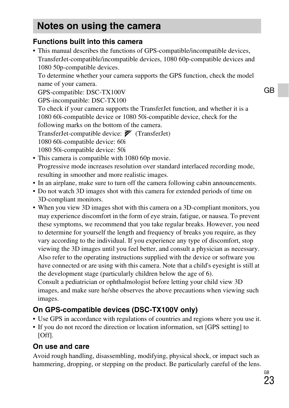 Notes on using the camera | Sony DSC-TX100V User Manual | Page 23 / 56