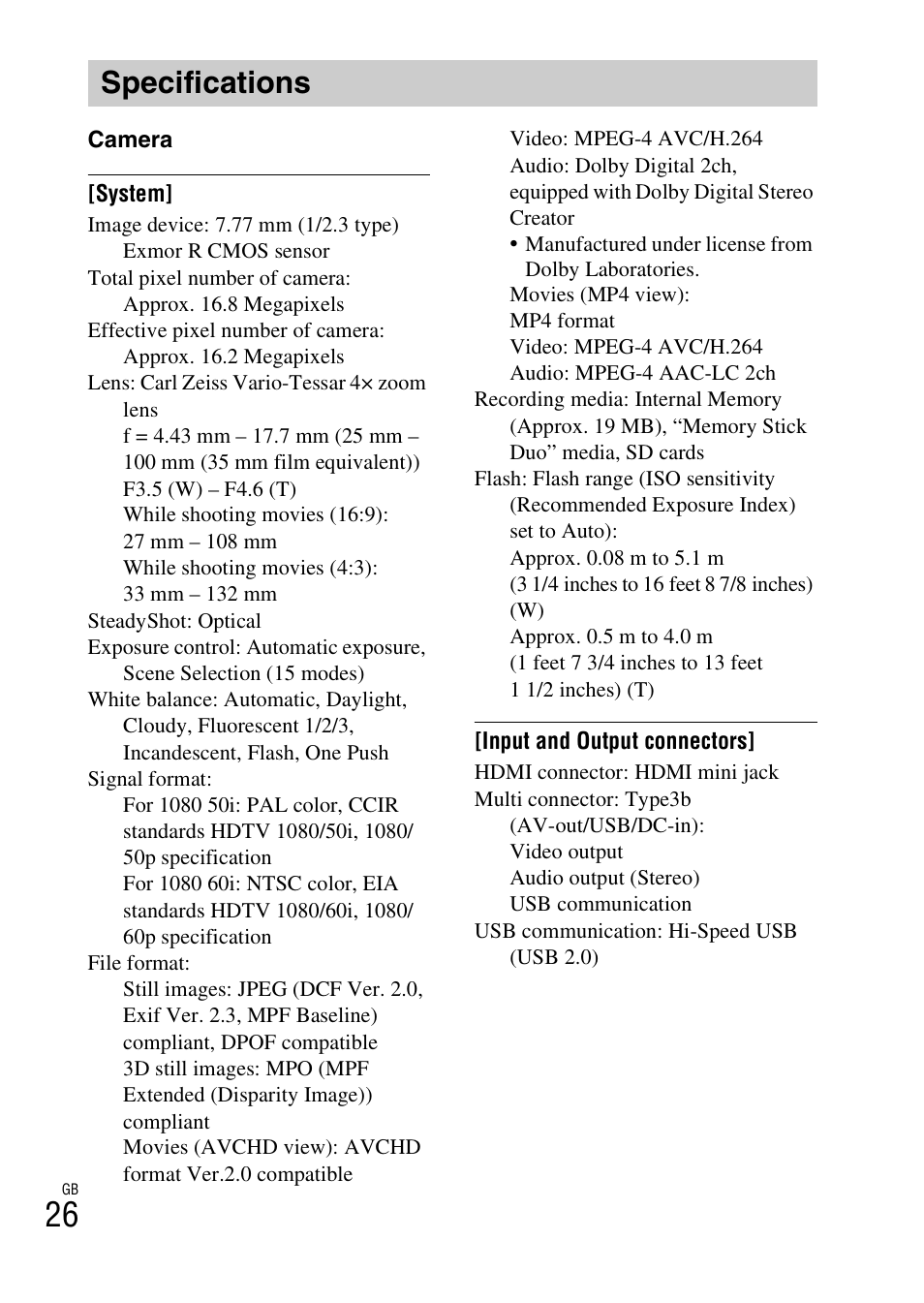 Specifications | Sony DSC-TX100V User Manual | Page 26 / 56