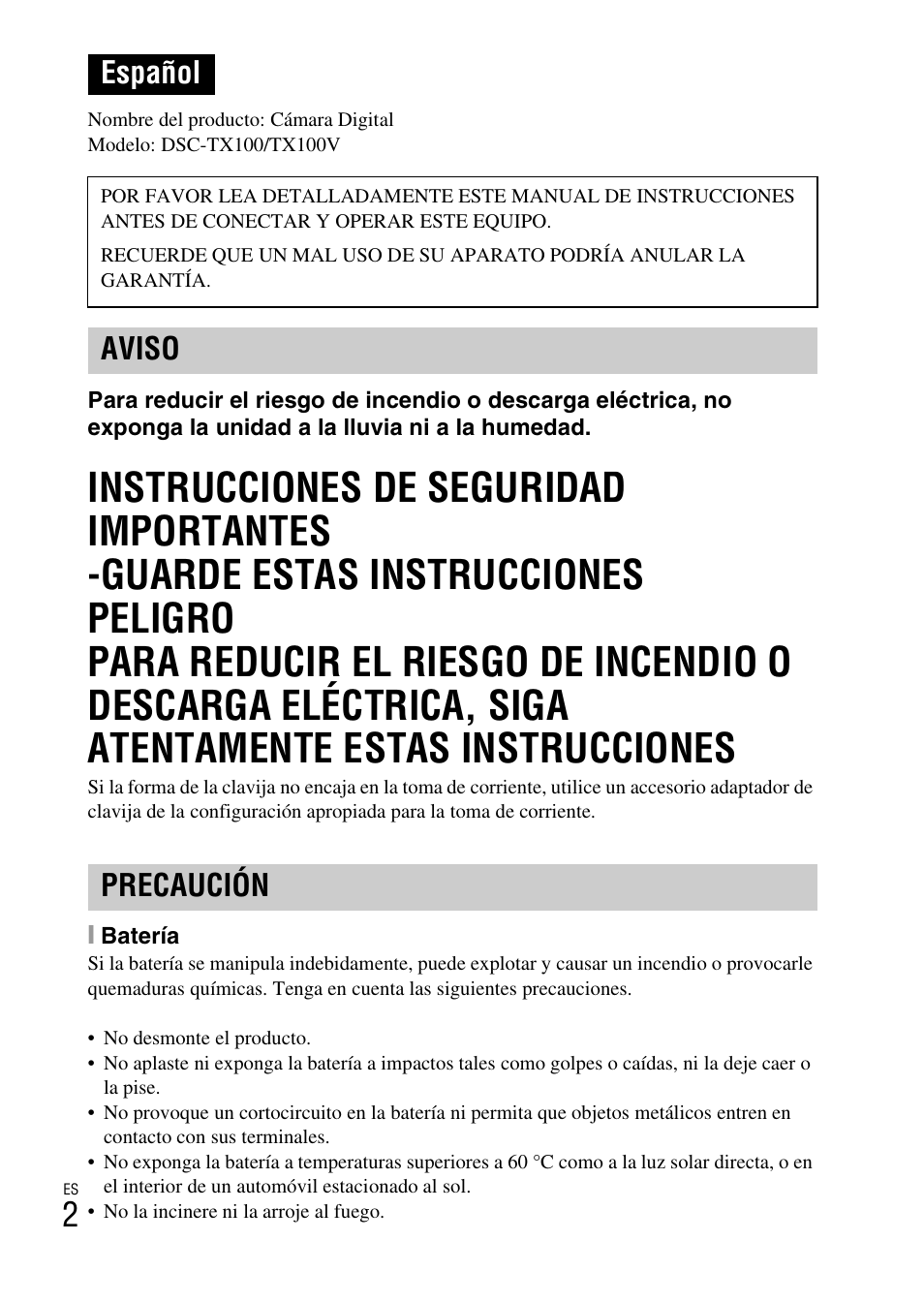 Español, Aviso precaución | Sony DSC-TX100V User Manual | Page 30 / 56