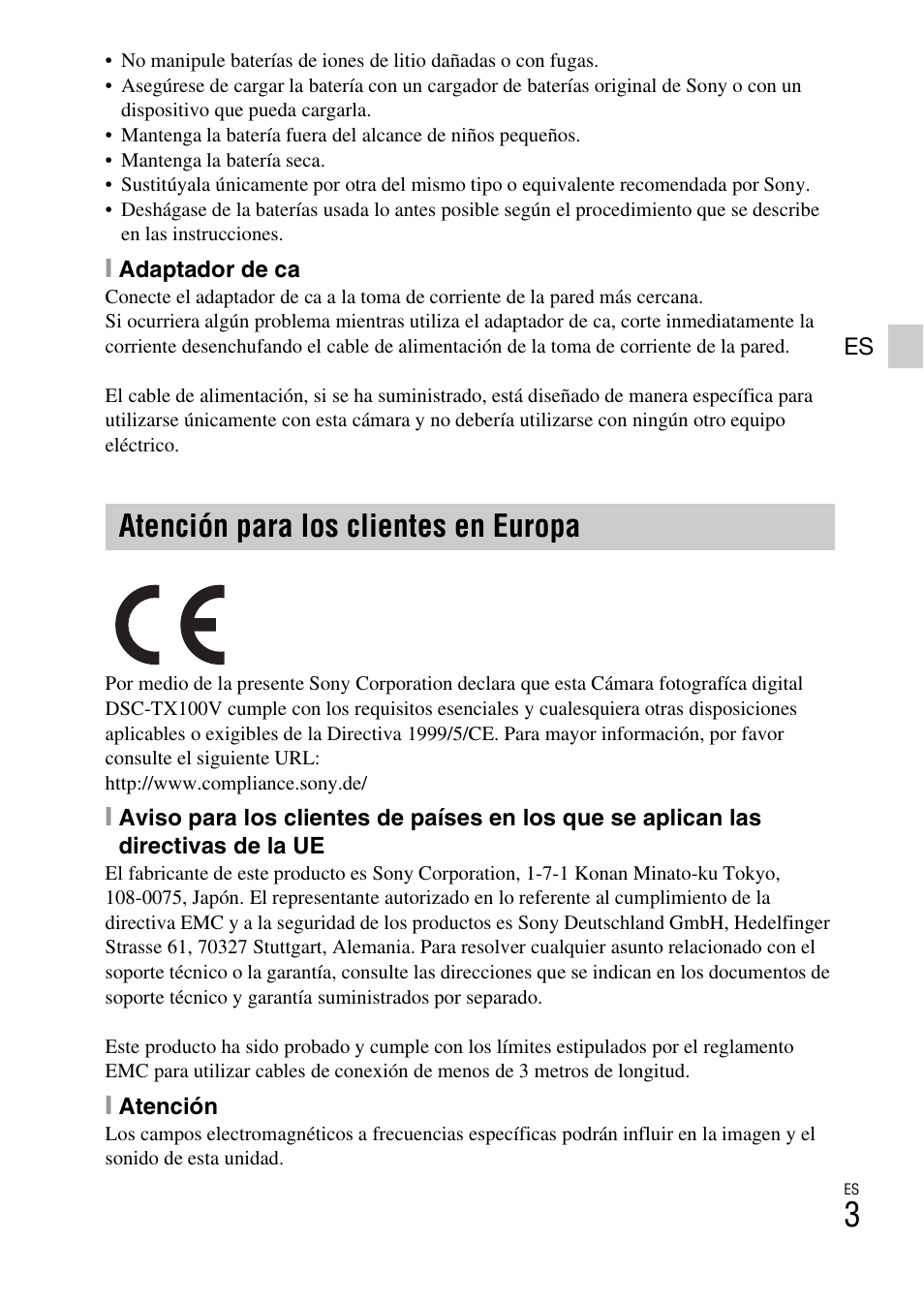 Atención para los clientes en europa | Sony DSC-TX100V User Manual | Page 31 / 56