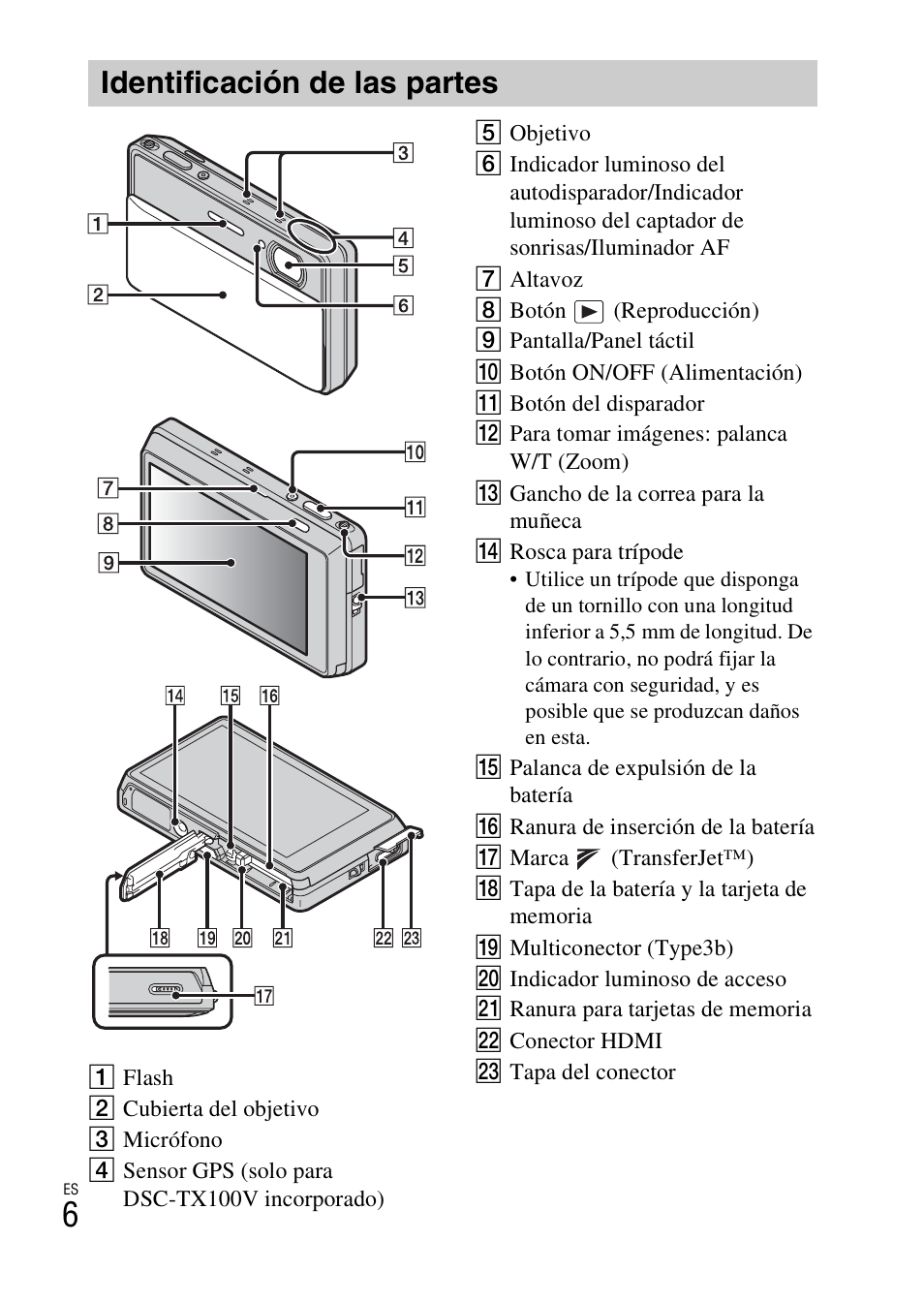 Identificación de las partes | Sony DSC-TX100V User Manual | Page 34 / 56