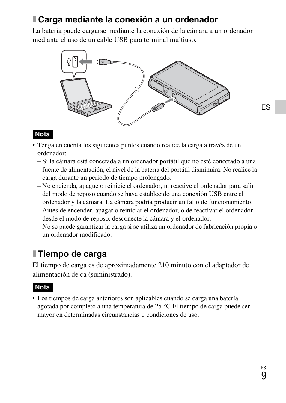 Xcarga mediante la conexión a un ordenador, Xtiempo de carga | Sony DSC-TX100V User Manual | Page 37 / 56