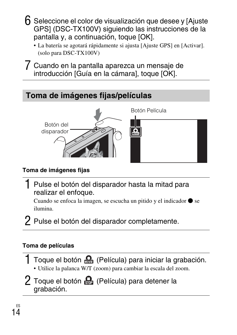 Toma de imágenes fijas/películas | Sony DSC-TX100V User Manual | Page 42 / 56