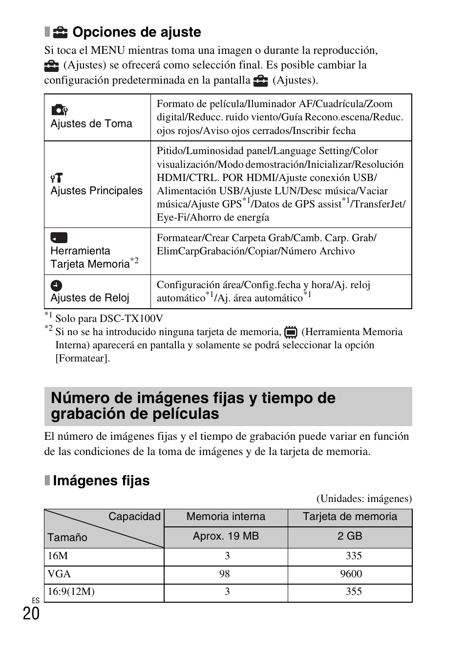 Opciones de ajuste, Ximágenes fijas | Sony DSC-TX100V User Manual | Page 48 / 56