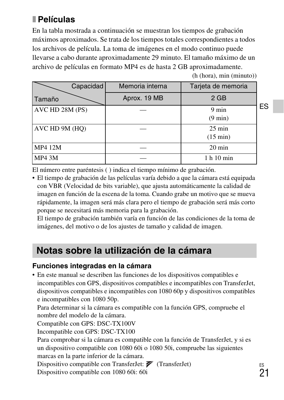 Notas sobre la utilización de la cámara, Xpelículas | Sony DSC-TX100V User Manual | Page 49 / 56