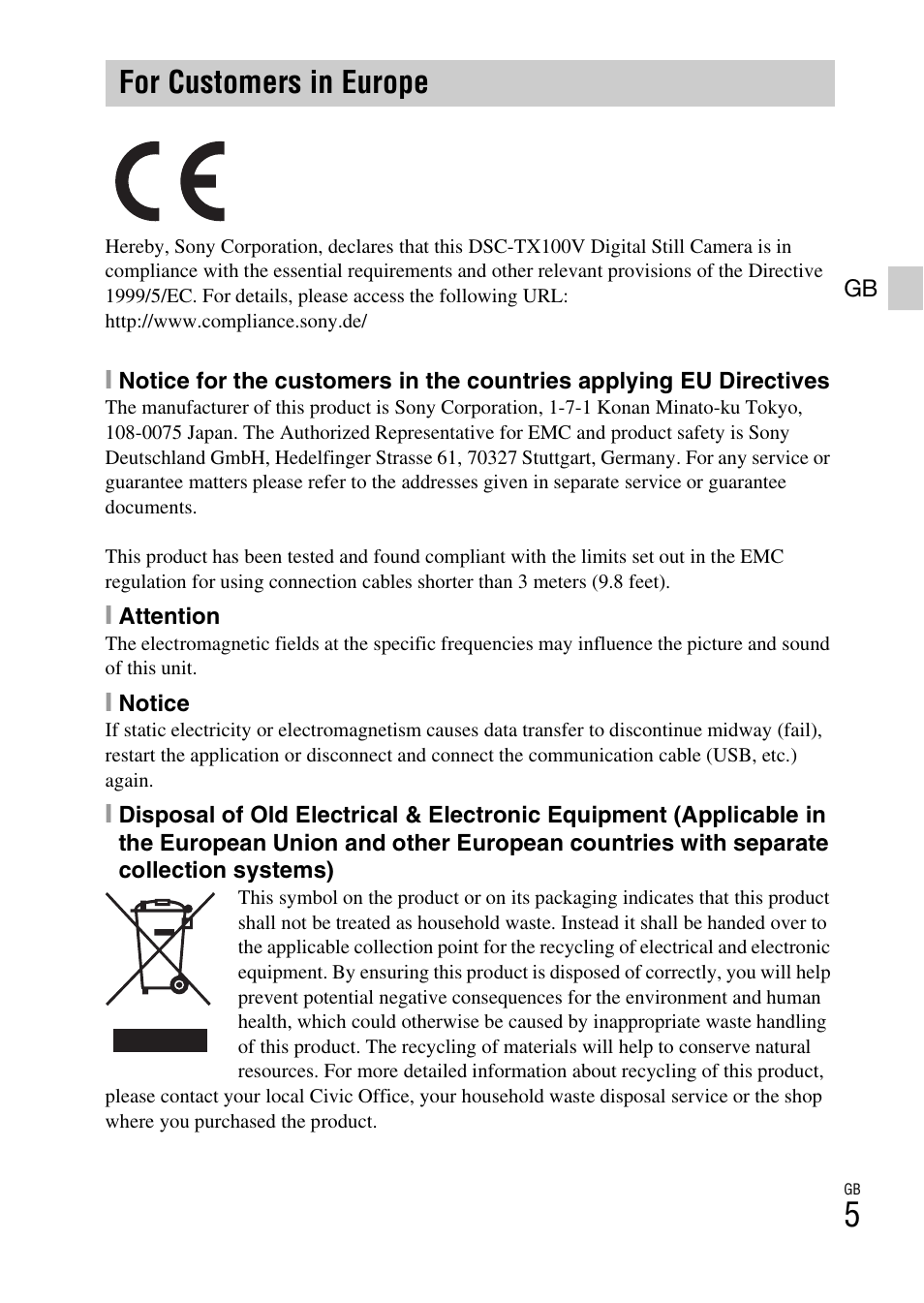 For customers in europe | Sony DSC-TX100V User Manual | Page 5 / 56