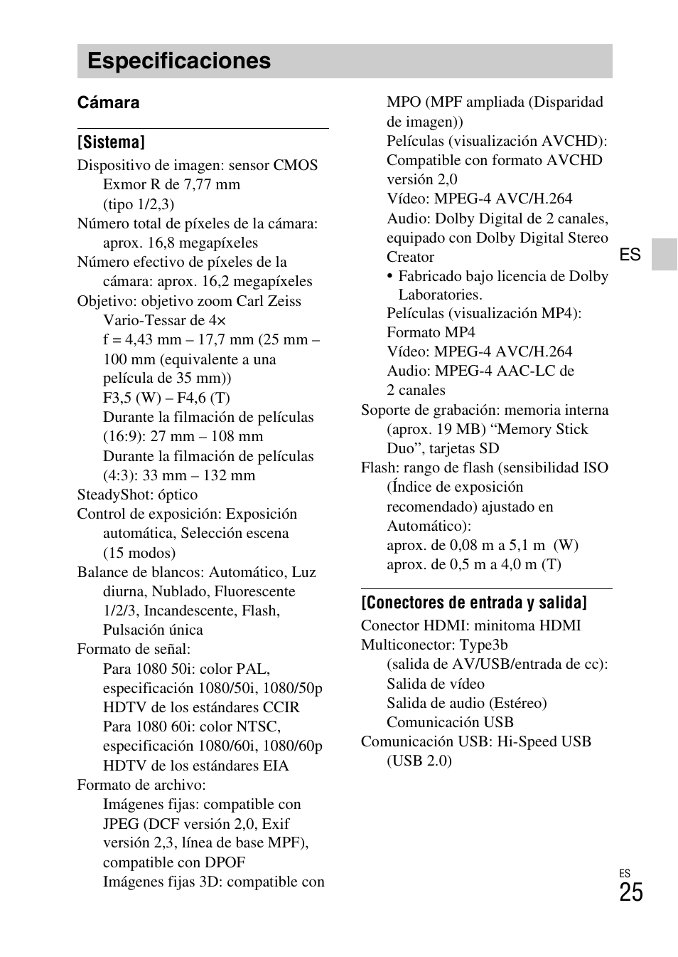 Especificaciones | Sony DSC-TX100V User Manual | Page 53 / 56