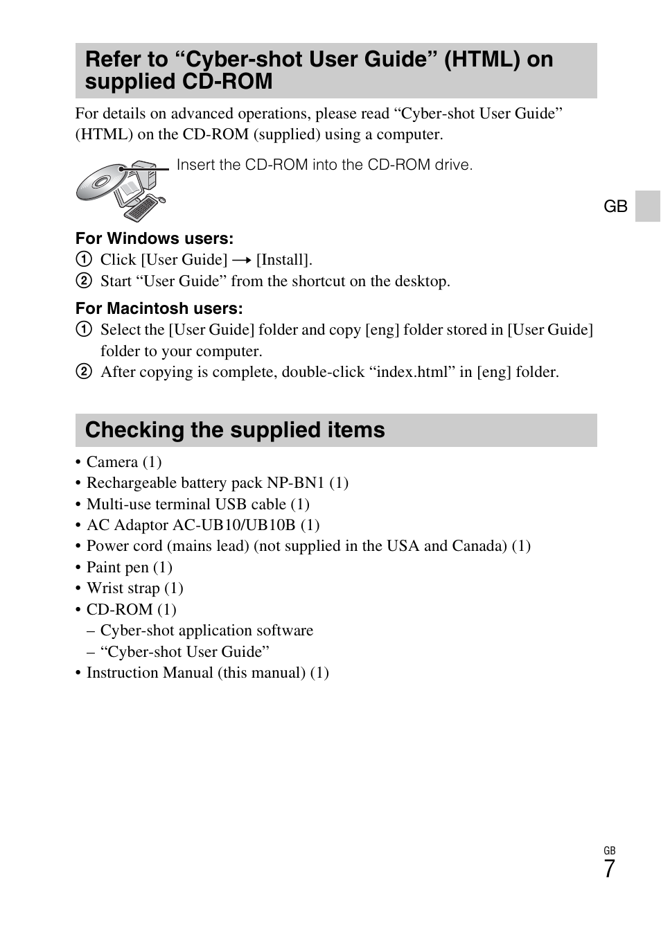 Checking the supplied items | Sony DSC-TX100V User Manual | Page 7 / 56