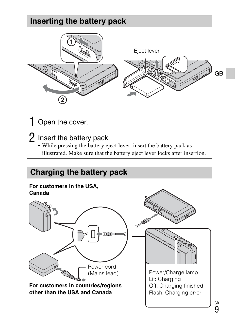 Inserting the battery pack, Charging the battery pack | Sony DSC-TX100V User Manual | Page 9 / 56
