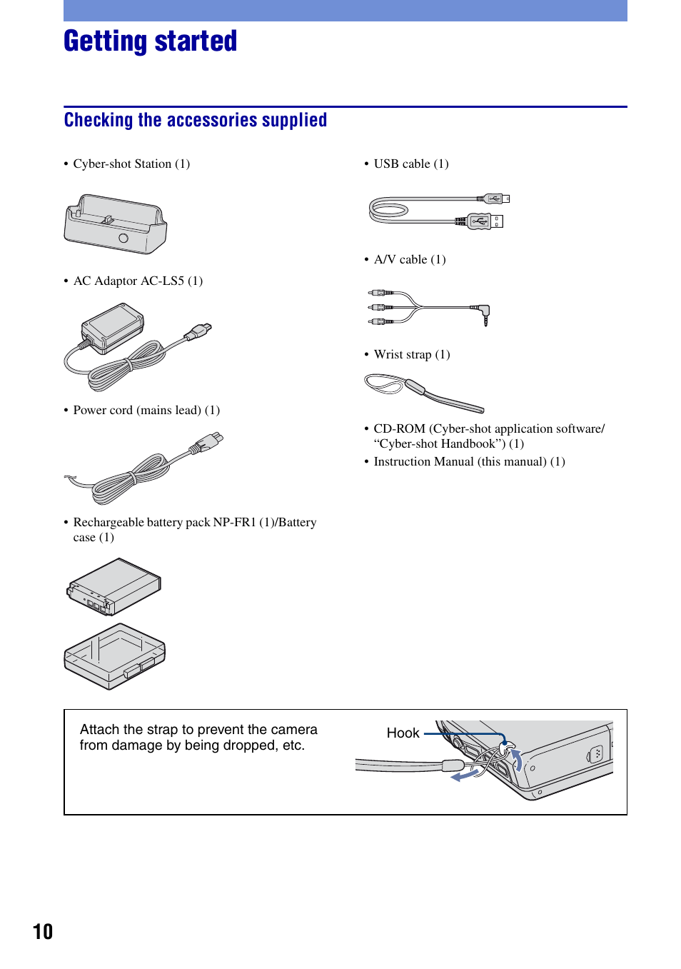 Getting started, Checking the accessories supplied | Sony DSC-G1 User Manual | Page 10 / 76