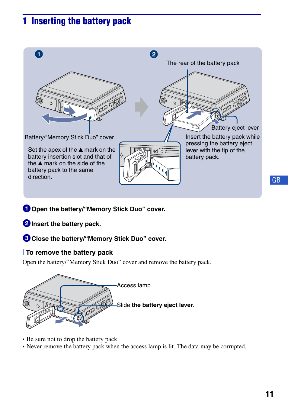 1 inserting the battery pack | Sony DSC-G1 User Manual | Page 11 / 76